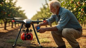 ドローンで農薬散布をしているおじいさんの画像