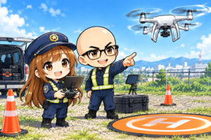 ドローン訓練場の笑顔コンビ